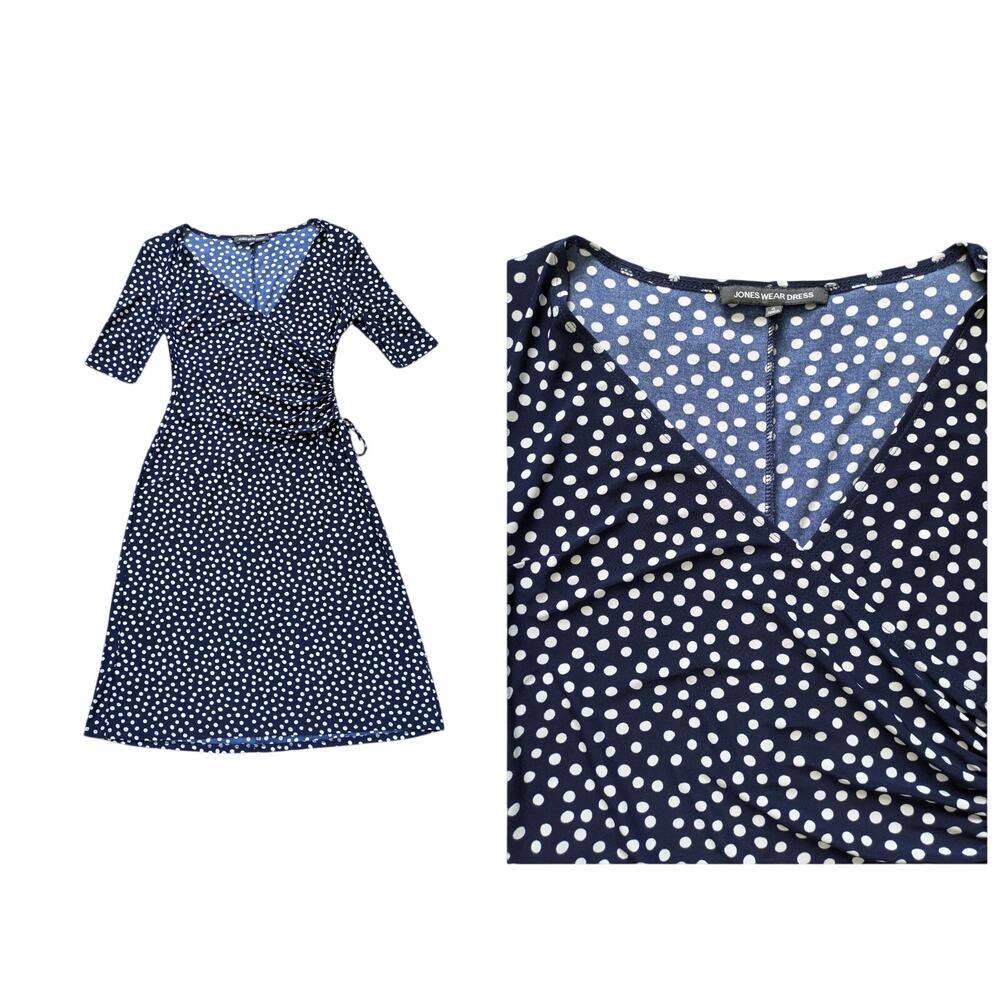 Y2K Jones Wear Babydoll Polka Dot Ruched Jersey Knit Dress 4 Blue-White Wedding